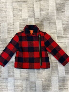 Joe Fresh Red & Navy Plaid Pea Coat with Side Zip